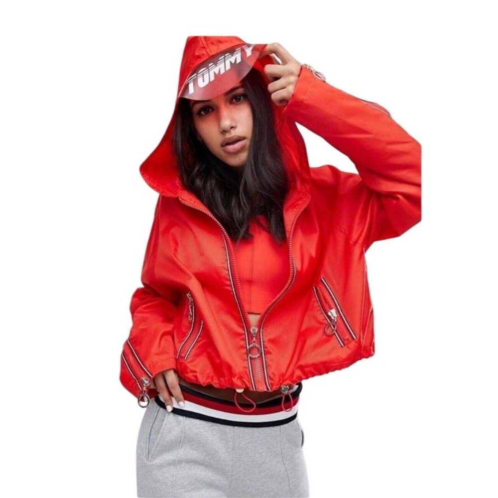 Gigi Hadid Tommy Hilfiger Red Cropped‎ Hooded Windbreaker Jacket Size Small